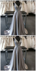 Beautiful Elegant Silver Grey Prom Dress, Beaded Evening Gowns V Neck Formal Dress, Special Occasion Dress