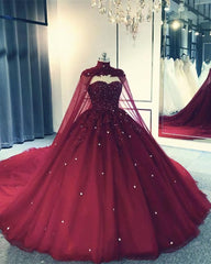 Tulle Ball Gown Wedding Dress, With Cape Prom Dresses, Evening Dresses