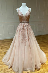 Pink V Neck Lace Long A Line Prom Dress, Evening Dress