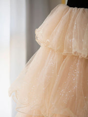 Champagne Sweetheart Neck Tulle Long Prom Dress, Champagne Formal Dresses