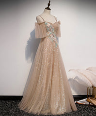 Champagne Sweetheart Tulle Lace Long Prom Dress Tulle Formal Dress