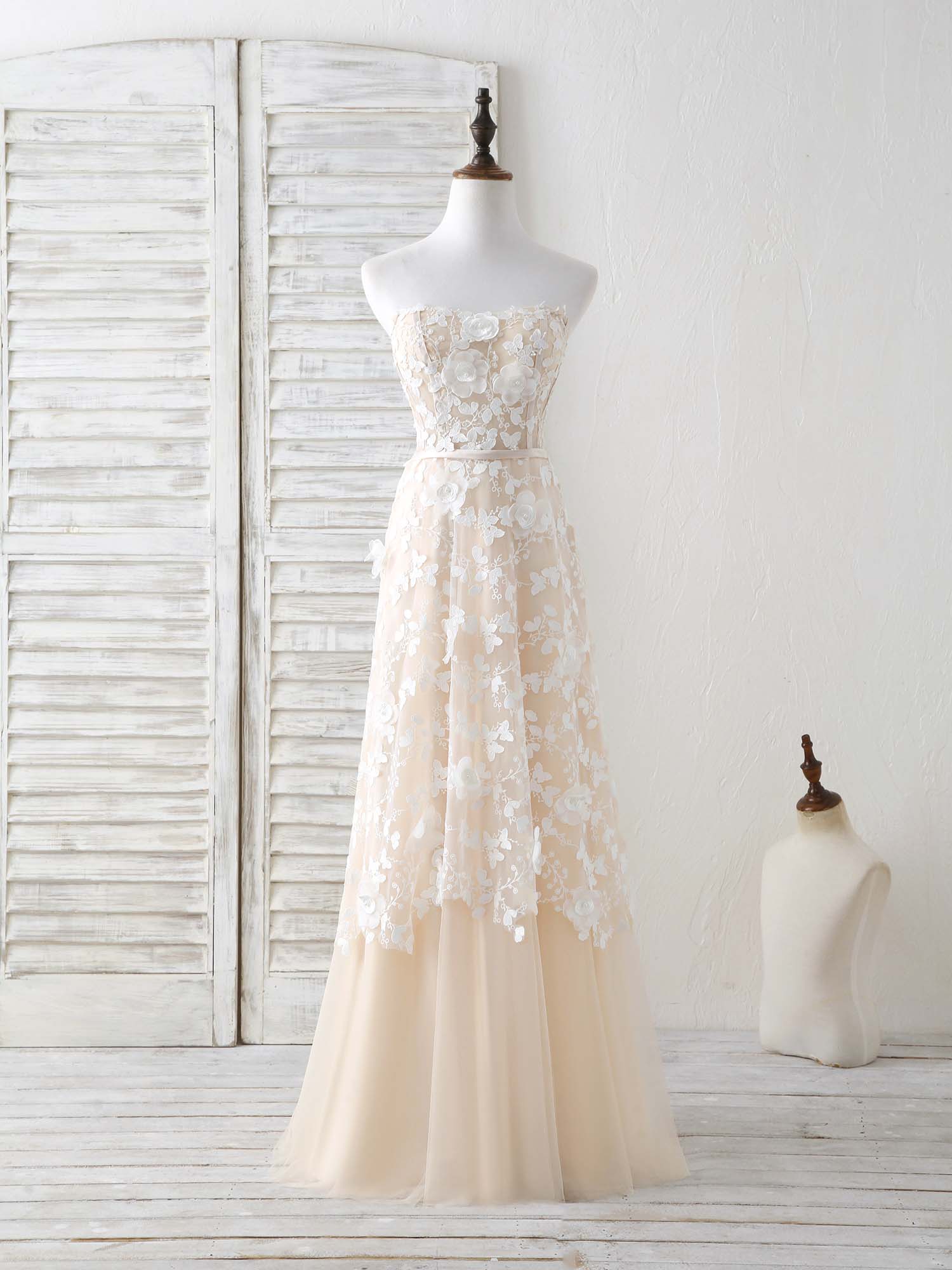 Champagne Tulle Lace Applique Long Prom Dress Champagne Evening Dress