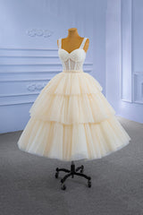 Champagne Tulle Short Prom Dress with Beaded, A-Line Tea Length Party Dress