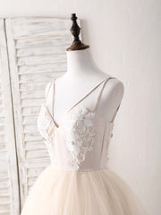 Champagne V Neck Tulle Lace Applique Long Prom Dress Sweet 16 Dress