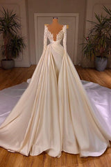 Chic Long A-line Cathedral V-neck Satin Lace Wedding Dress With Sleeves