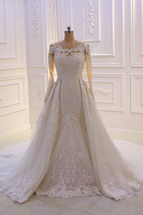 Classic Jewel Long Sleevess Tulle Lace Sparkle Ivory Wedding Dress