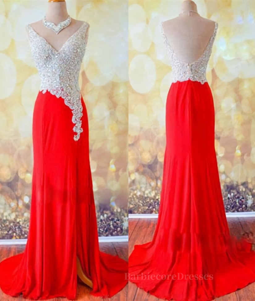 Custom Made A Line V Neck Backless Sequins Red Prom Dresses, Red Evening Dresses