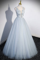 Cute V-Neck Tulle Long Prom Dress, Gray Evening Dress Party Dress