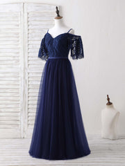 Dark Blue A-Line Lace Tulle Long Prom Dress Blue Evening Dress