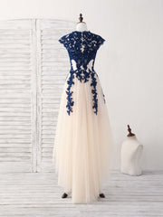 Dark Blue Lace Tulle High Low Prom Dress Blue Bridesmaid Dress