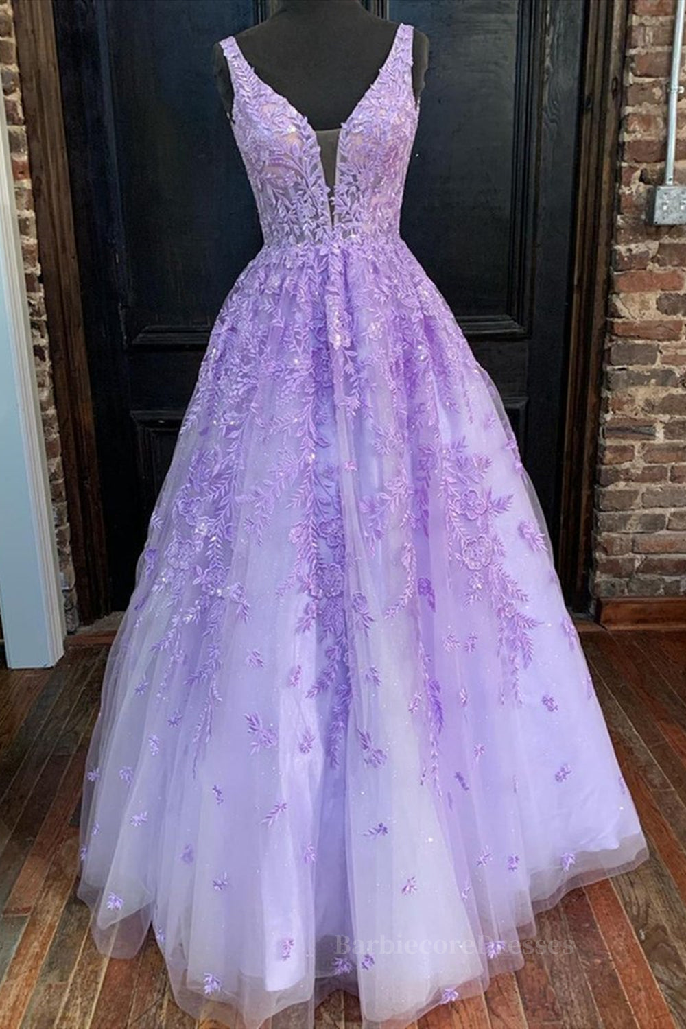 Deep V Neck Purple Lace Long Prom Dresses, Purple Lace Formal Dresses, Purple Evening Dresses