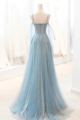 Dusty Blue Sparkly Tulle Long Prom Dress, A-Line Spaghetti Strap Evening Dress