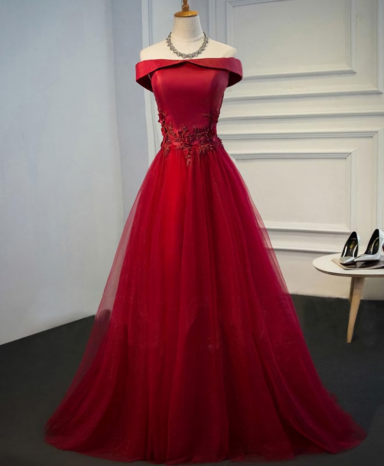 Burgundy Lace Tulle Long Prom Dress, Off Shoulder Evening Dress