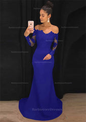 Elastic Satin Prom Dress Sheath Column Off The Shoulder Court Train With Lace