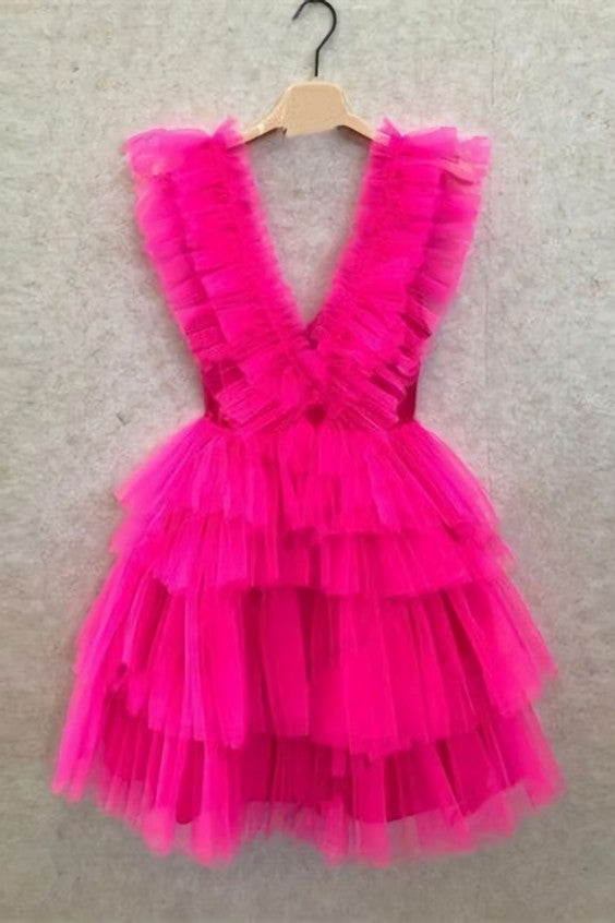 Fuchsia Ruffled Layers Plunging V Neck Homecoming Dress Short Grad Dresses