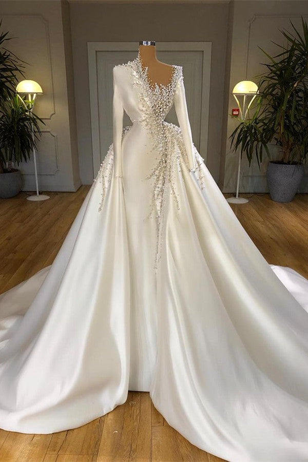 Glamorous Long Sleeves Pearls Wedding Dresses Mermaid With Detachable Train