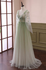 Gradient Tulle Green Long Sleeves Party Dress, Green Evening Formal Dresses