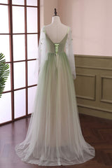 Gradient Tulle Green Long Sleeves Party Dress, Green Evening Formal Dresses