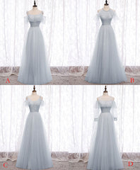 Gray A line Tulle Long Prom Dress, Gray Formal Bridesmaid Dress