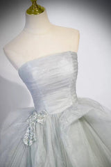 Gray Strapless Long Formal Dress, Gray Tulle Evening Dress Party Dress