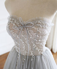 Gray Sweetheart Tulle Beads Long Prom Dress Gray Tulle Formal Dress