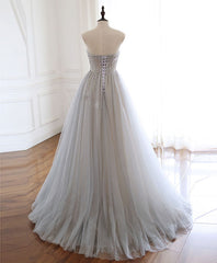 Gray Sweetheart Tulle Beads Long Prom Dress Gray Tulle Formal Dress