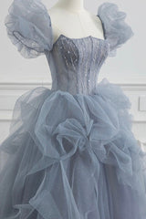 Gray Tulle Long A-Line Prom Dress, Gray Short Sleeve Evening Dress