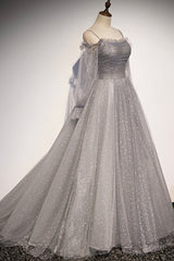 Gray Tulle Long Sleeve A-Line Prom Dress, Spaghetti Straps Formal Evening Dress