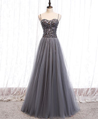 Gray Tulle Sequin Long Prom Dress, Gray Tulle Formal Dress with Beading Sequin