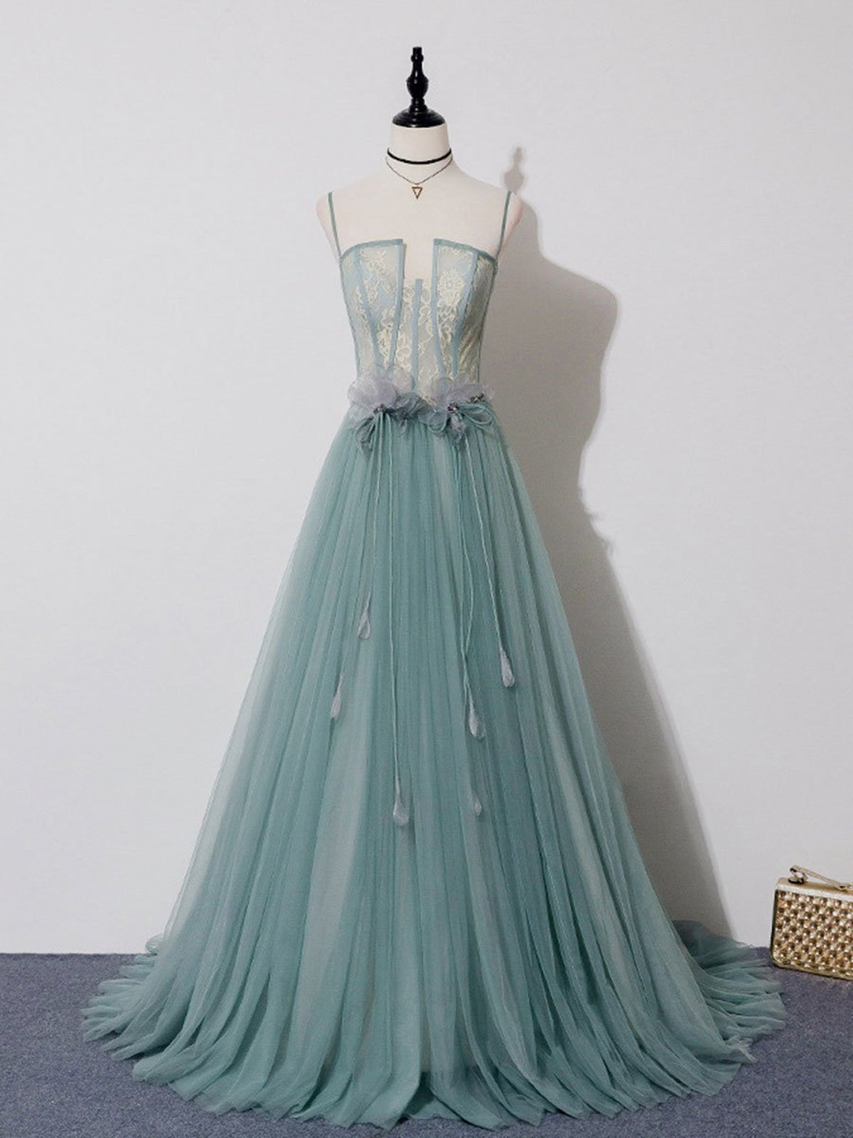 Green A Line Lace Long Prom Dresses, A Line Green Lace Long Formal Evening Dresses