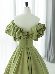 Green A-Line Satin Long Prom Dresses, Green Formal Evening Dress