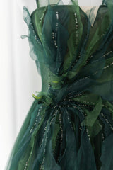 Green Tulle Long A-Line Prom Dress, Spaghetti Straps Evening Dress