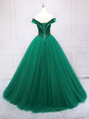 Green Tulle Off Shoulder Tulle Beads Long Prom Dress, Green Formal Graduation Dresses