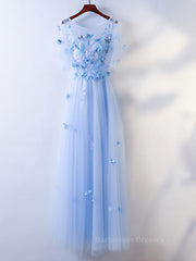 Half Sleeves Round Neck Blue Floral Long Prom Dresses, Blue Long Formal Evening Dresses with Flower