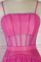 Hot Pink Spaghetti Straps A-Line Tulle Tiered Long Party Dress