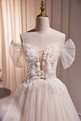 Ivory Floor Length Beaded Straps Prom Dress, Ivory Tulle Evening Dress