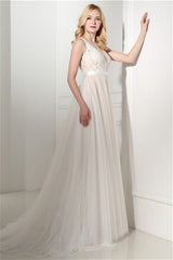 Ivory Tulle Lace Scoop Neck Floor Length Wedding Dresses