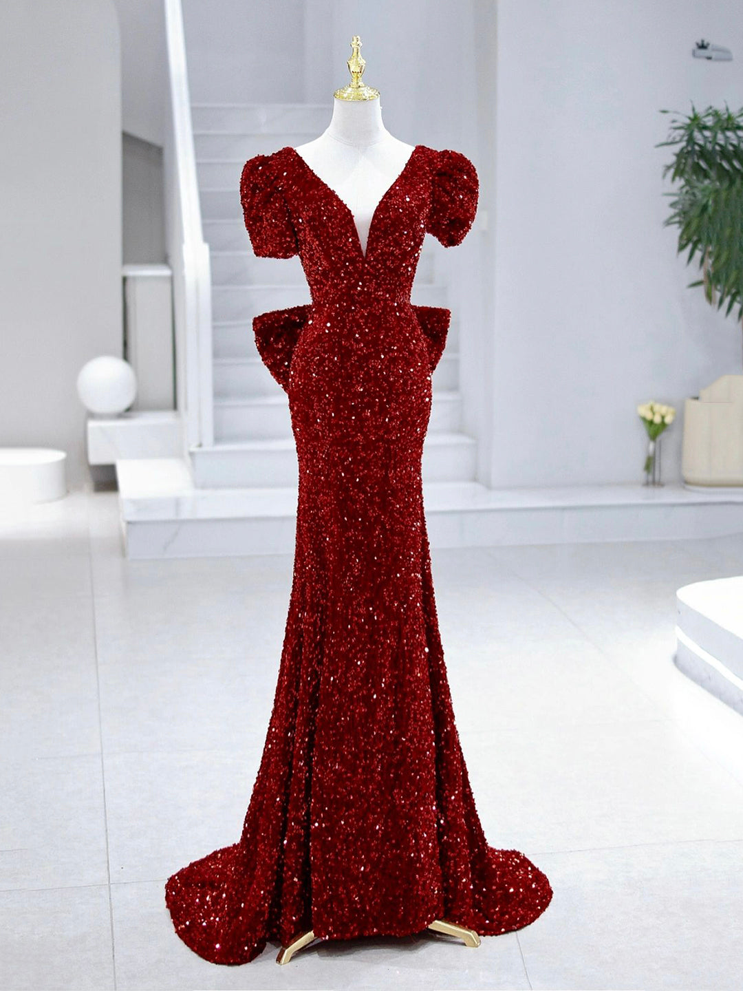 Mermaid Sequins Long Prom Dress, Burgundy V-Neck Evening Dress