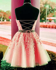 Lace Embroidery Halter Tulle Homecoming Dresses Cross Back