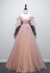 Pink V-Neck Lace Long Prom Dresses, A-Line Evening Dresses