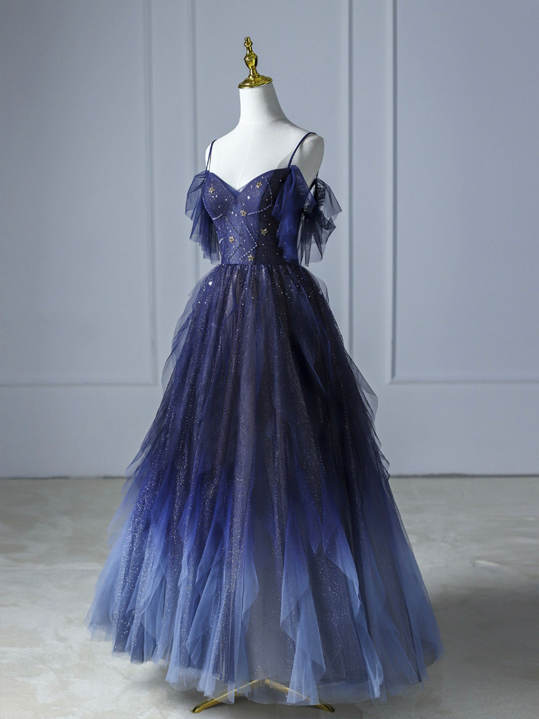 Blue Gradient Tulle Long Prom Dress, Beautiful Spaghetti Strap Evening Party Dress