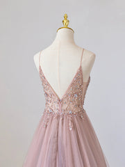 Pink V-Neck Tulle Long Prom Dress with Beaded, Pink Spaghetti Strap Evening Dress