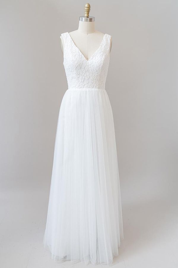 Long A-line Open Back V-neck Lace Tulle Wedding Dress