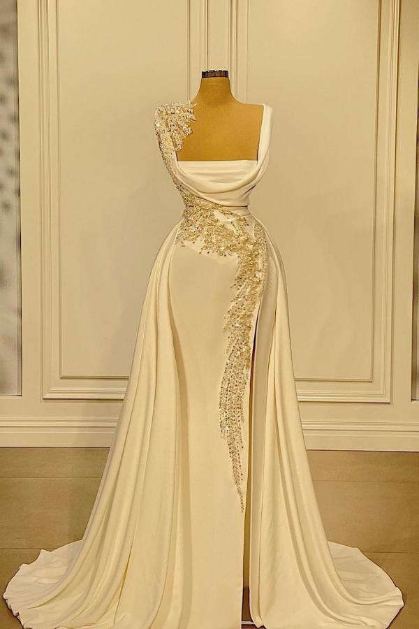 Long A-Line Square Neckline Satin Ivory Prom Dress With Slit