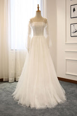 Long Sleeves White Tulle Prom Wedding Dresses, Long Sleeves White Tulle Formal Evening Dresses