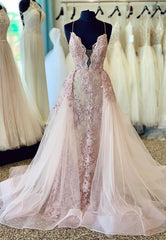 Plunging V-Neck Lace Long Prom Dresses, Pink Evening Dresses