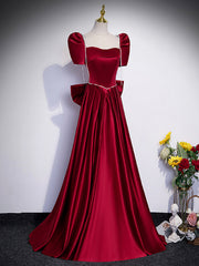 Beautiful Satin Floor Length Prom Dress with Bowknot, Burgundy Short Sleeve Evening Dress