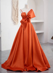 Spaghetti Straps Orange Satin Prom Formal Dress, A-Line Floor Length Evening Dress