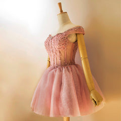 Lovely Tulle Light Pink-Purple Mini Party Dress, Lovely Off Shoulder Lace-up Homecoming Dress