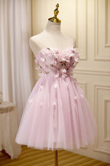 Pink Tulle Short Prom Dress, Pink A-Line Strapless Homecoming Dress